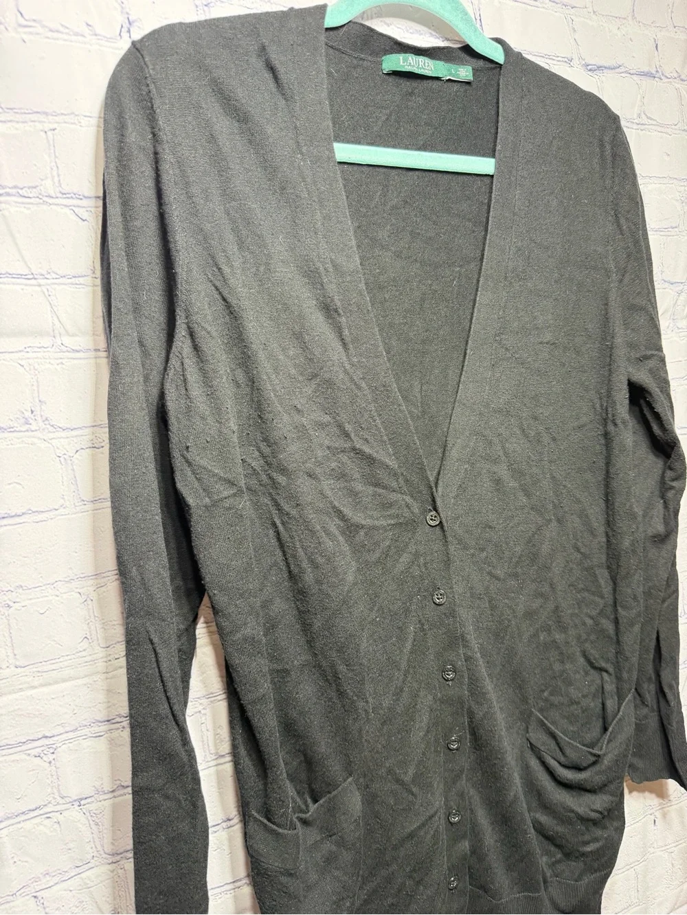 Lauren Ralph Lauren Womens V-Neck Cardigan Black Sz L Cotton Modal Old Money